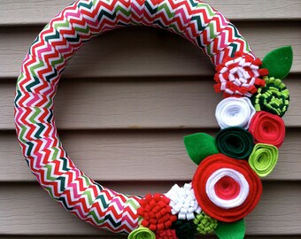 Christmas Wreath, Modern Wreath,  Christmas Chevron Ribbon, Felt Flower Wreath, Holiday Wreath, Christmas Wreath, Ribbon Wreath, Chevron