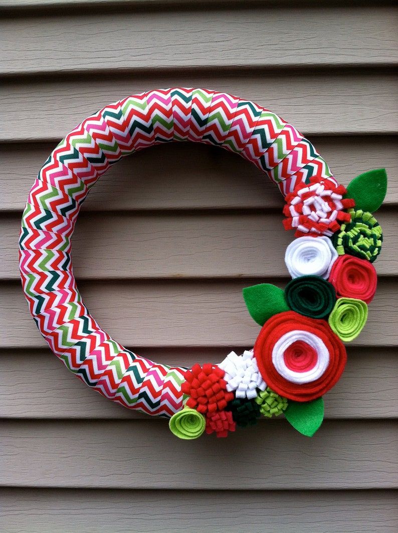 Christmas Wreath, Modern Wreath, Christmas Chevron Ribbon, Felt Flower Wreath, Holiday Wreath, Christmas Wreath, Ribbon Wreath, Chevron image 1