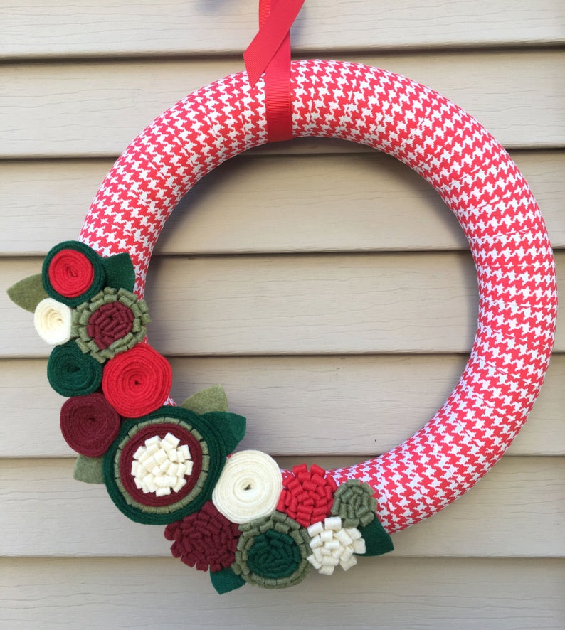 Primitive Wreath Houndstooth Wreath Wreath Felt Flower Wreath Ribbon Wreath Houndstooth Fabric Wreath Christmas Wreath Holiday Wreath