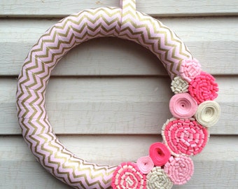 Valentine's Day Wreath: Pink & Gold Chevron, Felt Flowers (12 inch)