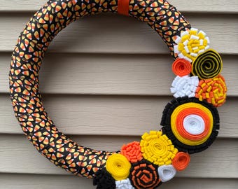 Handmade Halloween Felt Flower Wreath - Candy Corn Door Decor