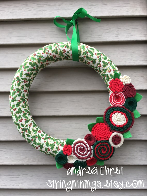 Handmade Christmas Wreath: Holly Fabric & Felt Flower Decor (12 inch)