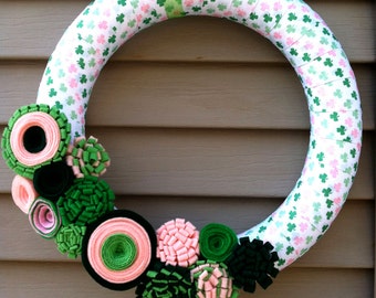 St. Patricks Day Wreath - Green & Pink Shamrock Ribbon Wreath - Pink Shamrock Wreath - St. Patty's Wreath - Ribbon Wreath - clover wreath