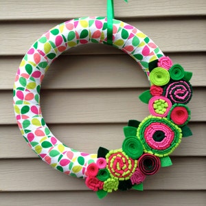 Spring Wreath Ribbon Wreath Wrapped in Patterned Fabric Decorated w/ Felt Flowers. Summer Wreath Mother's Day Wreath Felt Wreath image 1