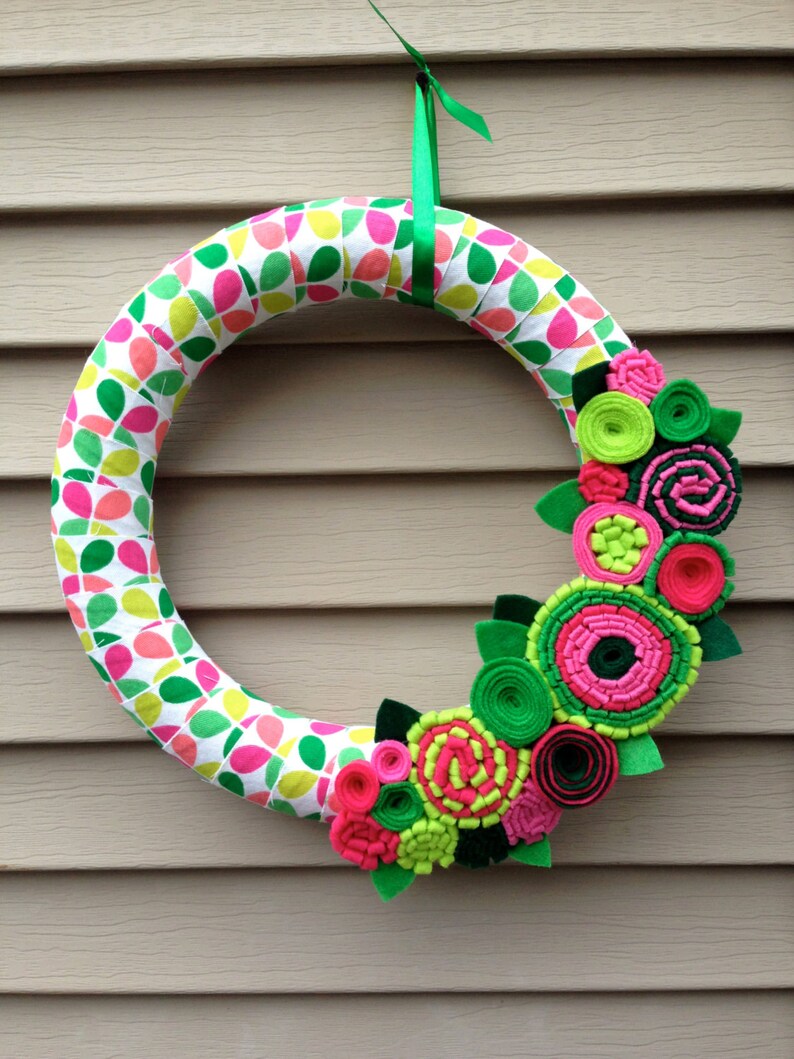 Spring Wreath Ribbon Wreath Wrapped in Patterned Fabric Decorated w/ Felt Flowers. Summer Wreath Mother's Day Wreath Felt Wreath image 1