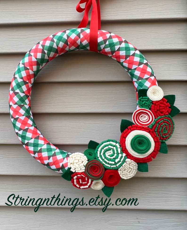 Christmas Wreath,Modern Wreath,Christmas plaid wreath,Wreath,Holiday Wreath, Felt Flower Wreath, tree Wreath, Felt Flowers, Christmas Ribbon image 5