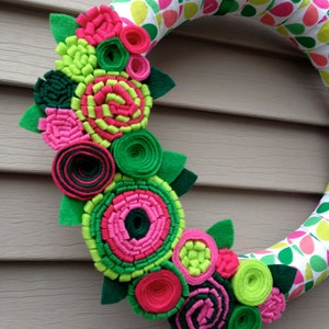 Spring Wreath Ribbon Wreath Wrapped in Patterned Fabric Decorated w/ Felt Flowers. Summer Wreath Mother's Day Wreath Felt Wreath image 4