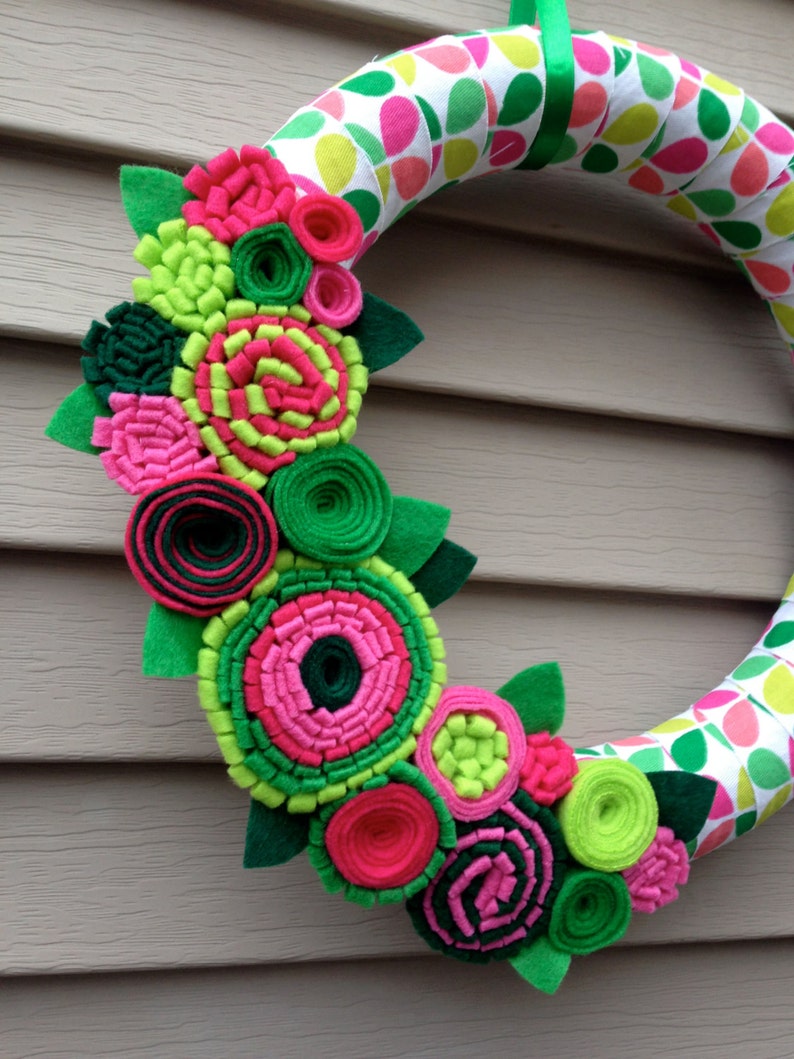 Spring Wreath Ribbon Wreath Wrapped in Patterned Fabric Decorated w/ Felt Flowers. Summer Wreath Mother's Day Wreath Felt Wreath image 4