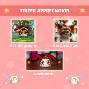 May include: A collage titled TESTER APPRECIATION featuring three crochet jester dolls with red, blue, and yellow hats. The dolls have white faces, brown hair, and red-patterned eyes. Social media handles @DILLYDALLYLAND.CO, @TINY_BLUE_STUDIO, and @KNOTSONAWOU are visible.