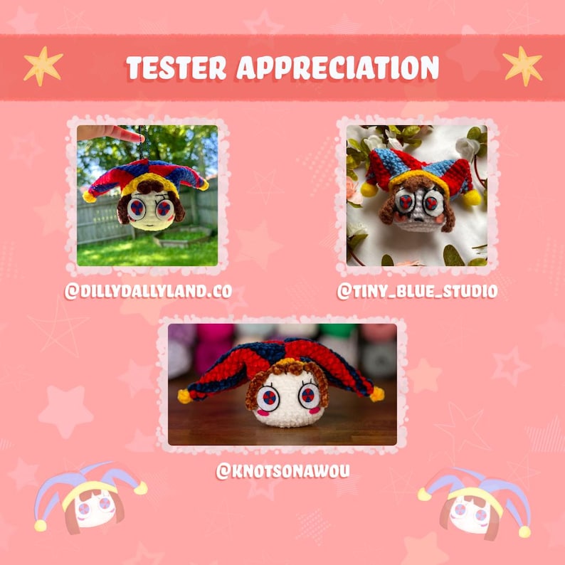 May include: A collage titled TESTER APPRECIATION featuring three crochet jester dolls with red, blue, and yellow hats. The dolls have white faces, brown hair, and red-patterned eyes. Social media handles @DILLYDALLYLAND.CO, @TINY_BLUE_STUDIO, and @KNOTSONAWOU are visible.