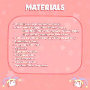 May include: A list of materials on a pink background with star patterns. The text includes: Hook (4mm), Yarn: White (40g), Dark Brown (10g), Red (20g), Navy Blue (20g), Yellow (10g), Felt, Embroidery floss, Polyester fiber fill, Scissors, needles, pins.