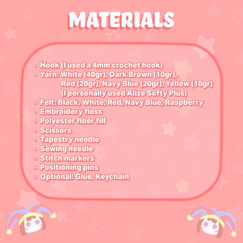 May include: A list of materials on a pink background with star patterns. The text includes: Hook (4mm), Yarn: White (40g), Dark Brown (10g), Red (20g), Navy Blue (20g), Yellow (10g), Felt, Embroidery floss, Polyester fiber fill, Scissors, needles, pins.