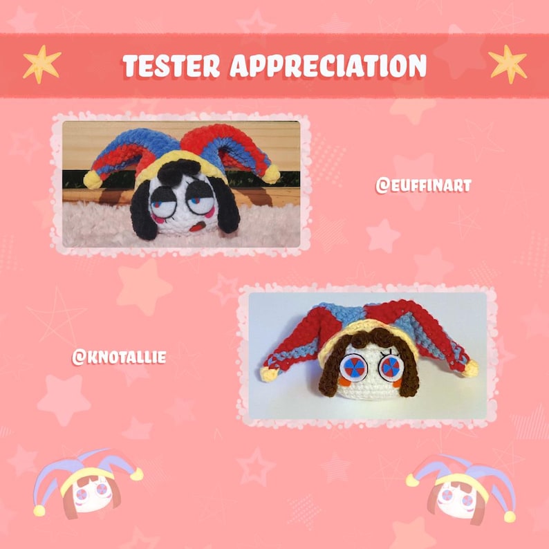 May include: A digital graphic titled TESTER APPRECIATION featuring two crocheted jester dolls with red, blue, and yellow hats. One doll has black hair and sleepy eyes, the other has brown hair and circular patterned eyes. Text includes @EUFFINART and @KNOTALLIE.