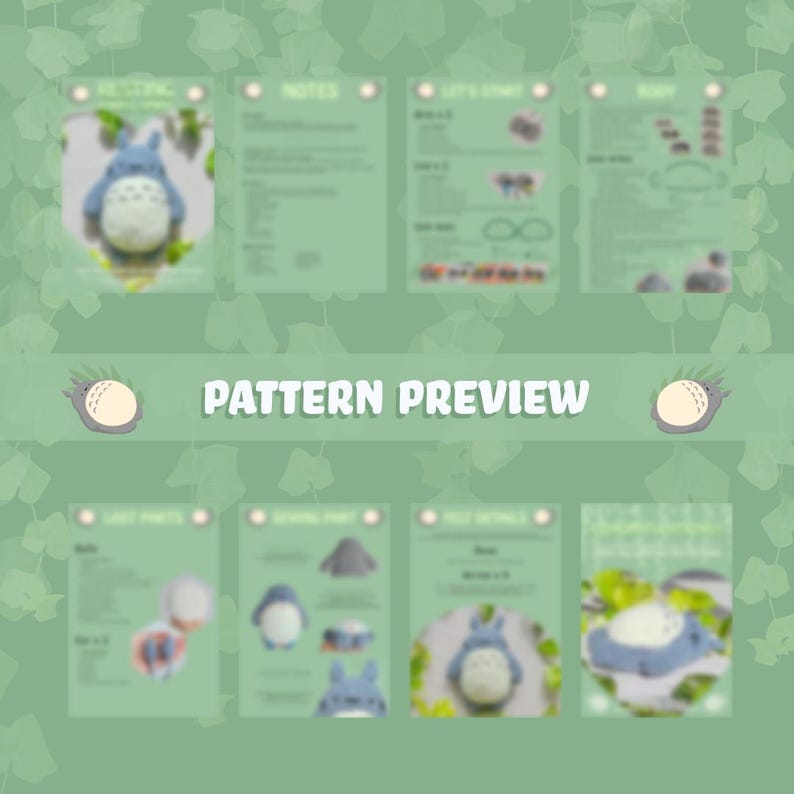 May include: A preview of a pattern with a green background and white text that reads "PATTERN PREVIEW". The pattern includes images of a blue and white cartoon character. The background has a leaf pattern.