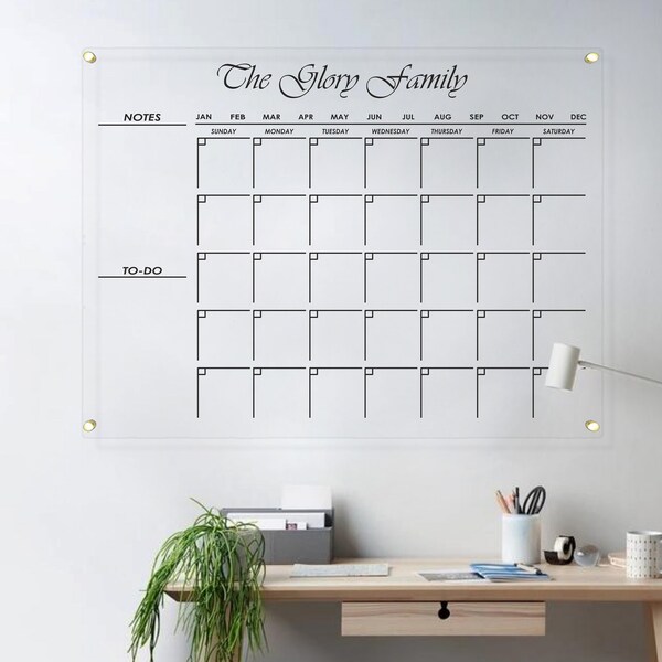 Agenda familial acrylique calendrier - tableau effaçable à sec mensuel 3D personnalisé - calendrier mural avec marqueur - calendrier 2024 acrylique