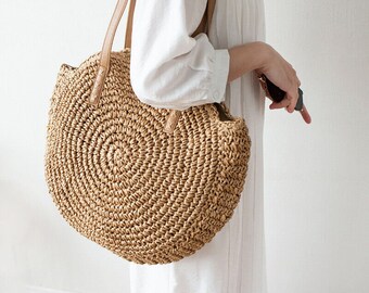 Woven Handbag Summer Beach Tote Straw Bag Round Rattan Shoulder