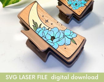 SVG Moon & Magnolia Flowers hair clip design | Laser Cut File | Wood Gift | Hair Accessory