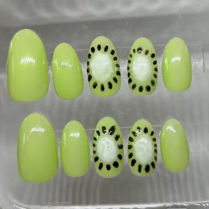 Kiwi Fruit Press On Nails | Green Juicy Summer Nails | Hand-Painted Cute Press Ons | Reusable Oval Gel Nails | Kawaii Nail Art Design