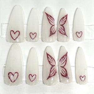 Pink Sparkly Butterfly Press On Nails | Girly Handmade Milky White Nails With Matching Butterflies | Reusable Fairy Inspired Nail Set