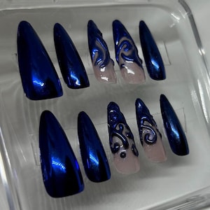 3D Chrome Press On Nails | Sculpted Swirl French | Custom Color Chrome Nails | Reusable Gel Nails | Bold Statement Set | Long Stiletto Set