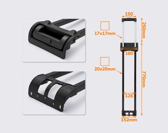May include: Black luggage handle assembly with dimensions shown. The handle is 770mm (30.3 inches) tall, 150mm (5.9 inches) wide at the top, and 152mm (6 inches) wide at the base. The handle is made of black plastic and metal.