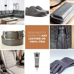 May include: A tube of leather and vinyl repair cream with the text "Filling Color" on the label. The cream is designed to work on any leather or vinyl item. The image also shows examples of items that can be repaired with the cream, including a leather couch, shoes, a belt, a jacket, a car seat, and gloves.