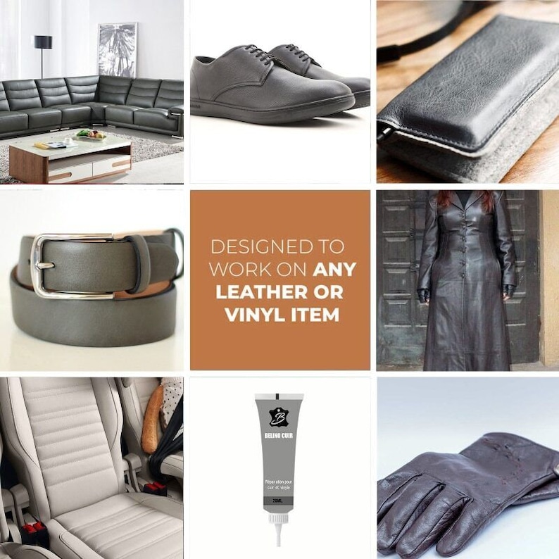 May include: A tube of leather and vinyl repair cream with the text "Filling Color" on the label. The cream is designed to work on any leather or vinyl item. The image also shows examples of items that can be repaired with the cream, including a leather couch, shoes, a belt, a jacket, a car seat, and gloves.