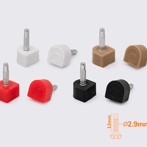 May include: A selection of replacement high heel tips in white, red, black, brown, and off-white. Each tip has a metal post. The diagram shows the tip is 12mm in height and 2.9mm in diameter.