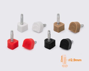 May include: A selection of replacement high heel tips in white, red, black, brown, and off-white. Each tip has a metal post. The diagram shows the tip is 12mm in height and 2.9mm in diameter.