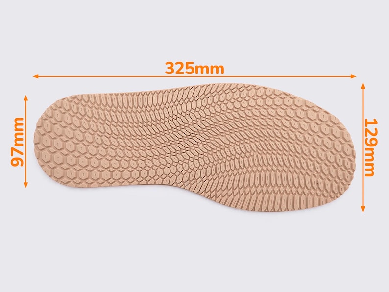 May include: A tan-colored shoe sole with a textured surface. The sole measures 12.8 inches long and 5.1 inches wide. The sole's thickness is 3.8 inches. The measurements are displayed in millimeters.