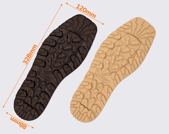 May include: Close-up of two shoe soles, one brown and one beige, showing the tread pattern. The soles are 120mm wide and 328mm long.