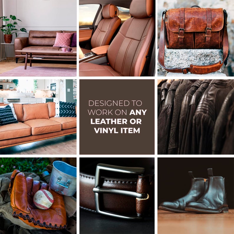May include: A collage of images showcasing different leather and vinyl items that can be treated with a leather and vinyl conditioner. The images include a brown leather couch, a car's leather seats, a brown leather messenger bag, a rack of leather jackets, a baseball glove, a leather belt, and a pair of black leather boots. The text "DESIGNED TO WORK ON ANY LEATHER OR VINYL ITEM" is displayed in the center of the collage.