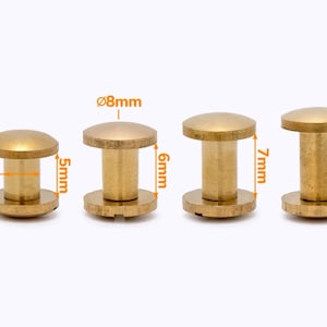Pode incluir: São apresentados quatro rebites de latão de tamanhos variados. Cada rebite tem uma cabeça plana e circular e um pino cilíndrico. As medidas são fornecidas: 4 mm, 5 mm, 6 mm, 7 mm e 8 mm de altura, com uma cabeça de 8 mm de diâmetro.