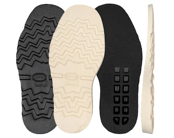 May include: Three shoe soles, one black, one white, and one black with a grid pattern. The black soles have the Vibram logo and the text "Morflex" on them.