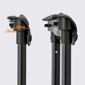 May include: Two black, adjustable support poles with a top bracket. The bracket is 36mm wide and 13mm deep. The poles are designed to provide support. The image is set against a light gray background.