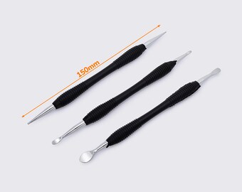 May include: Three black handled tools with different metal tips. The tools are 150mm long.