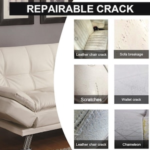 May include: A white leather sofa with a crack in the fabric. The image shows examples of different types of cracks and tears that can be repaired, including leather chair cracks, sofa breakages, scratches, wallet cracks, and chameleons.