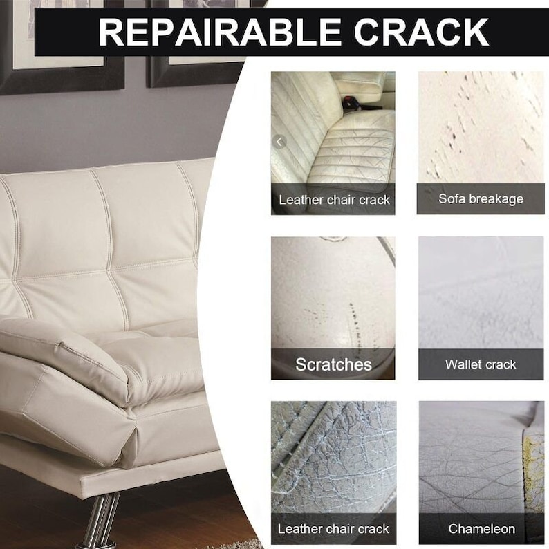 May include: A white leather sofa with a crack in the fabric. The image shows examples of different types of cracks and tears that can be repaired, including leather chair cracks, sofa breakages, scratches, wallet cracks, and chameleons.