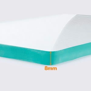 May include: Close-up of a clear glass panel with a teal edge. The thickness of the glass is 8mm. The glass has a rounded corner and is set against a light gray background.