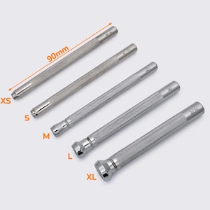 May include: Set of five silver metal leather hole punches in sizes XS, S, M, L, and XL. The punches are 90mm long.