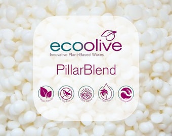 May include: White wax beads for candle making. The label reads "ecoolive Innovative Plant-Based Waxes PillarBlend" and features icons for vegan friendly, soy-free, 100% natural, palm-free, and biodegradable.