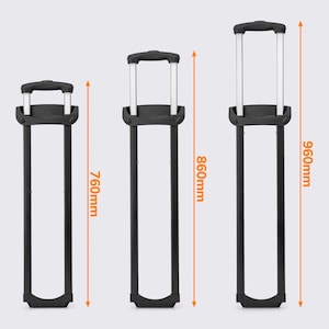 May include: Three black luggage handles with silver extensions. The handles are shown in three different sizes, measuring 760mm, 860mm, and 960mm in height. The handles have a rectangular shape and a curved top.