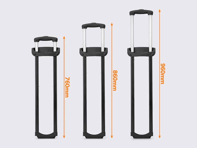 May include: Three black luggage handles with silver extensions. The handles are shown in three different sizes, measuring 760mm, 860mm, and 960mm in height. The handles have a rectangular shape and a curved top.