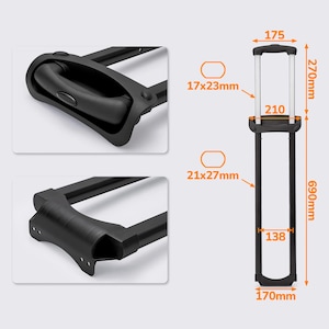 Könnte beinhalten: Schwarze Gepäckgriffbaugruppe mit angegebenen Abmessungen. Der Griff ist 17,5 cm breit und die Gesamthöhe beträgt 69 cm. Der Griff ist 27 cm lang. Die Basis ist 17 cm breit. Der Griff wird im Detail in zwei Nahaufnahmen gezeigt.