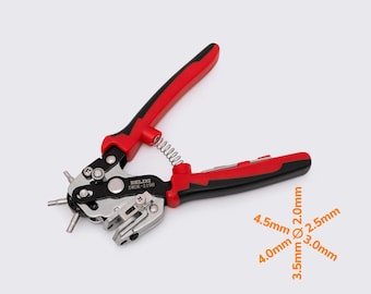 May include: Red and black metal hand tool with a spring and a silver metal head with multiple holes. The tool is labeled "DELIXI DWM-2198". The holes are labeled with different sizes in millimeters: 4.5mm, 4.0mm, 3.5mm, 2.0mm, 3.0mm.