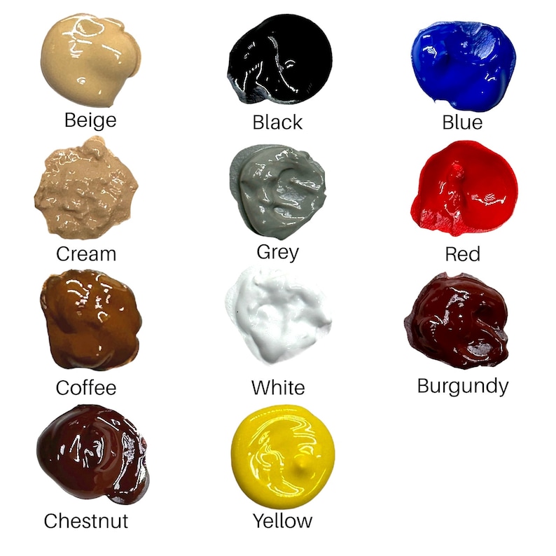 May include: A collection of paint samples in various colors, including beige, black, blue, cream, grey, red, coffee, white, burgundy, chestnut, and yellow.