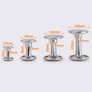 May include: Four silver metal rivets of varying sizes are displayed against a light background. The rivets have a flat, circular head and a cylindrical post. Measurements are provided: 7mm, 8mm, and two at 10mm diameter heads, with heights of 7mm, 8mm, 10mm, and 13mm.