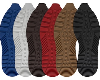 May include: Six different colored shoe soles with a textured tread pattern. The soles are blue, white, brown, red, brown, and black.