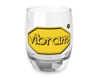 Vibram Logo Whiskey Glass | Branded Yellow Octagon Logo Rocks Glass