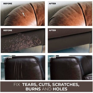 May include: Before and after images showing how to fix tears, cuts, scratches, burns and holes in leather furniture.